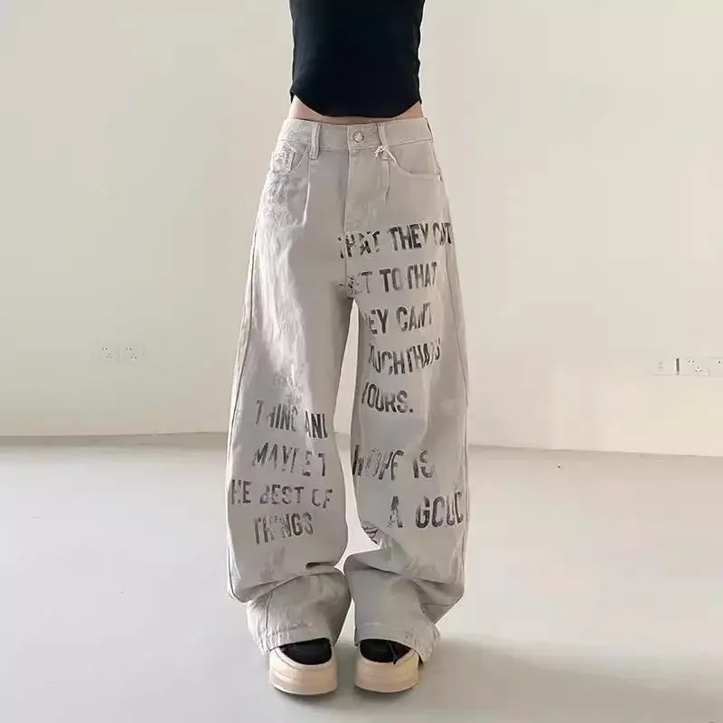 

Vintage Graffiti Apricot Y2k Jeans Women High Waist American Retro Straight Streetwear Loose Wide Leg Denim Pants Baggy Trousers
