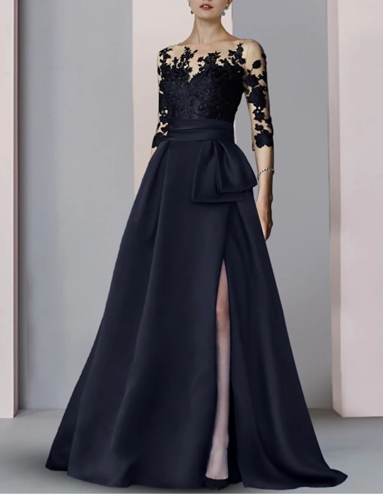 A-Line Evening Gown Split Dress Formal Fall Sweep / Brush Train Half Sleeve Illusion Neck Satin with Lace Applique 2024