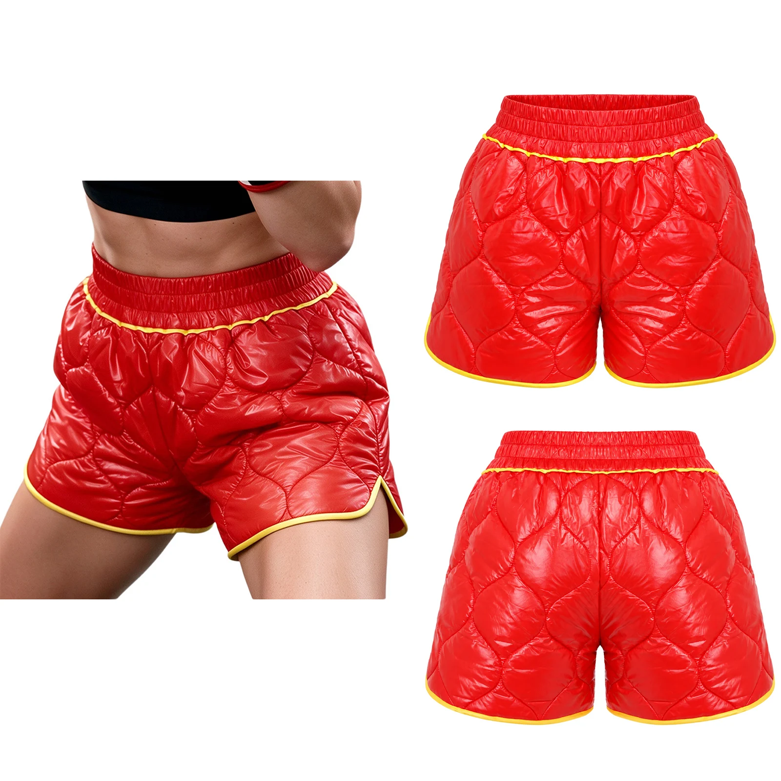 Womens Elastic Waist Quilted Padded Shorts Shiny Loose Fit White Edge Streetwear Shorts Heart Stitch Casual Boxing Shorts Trunks