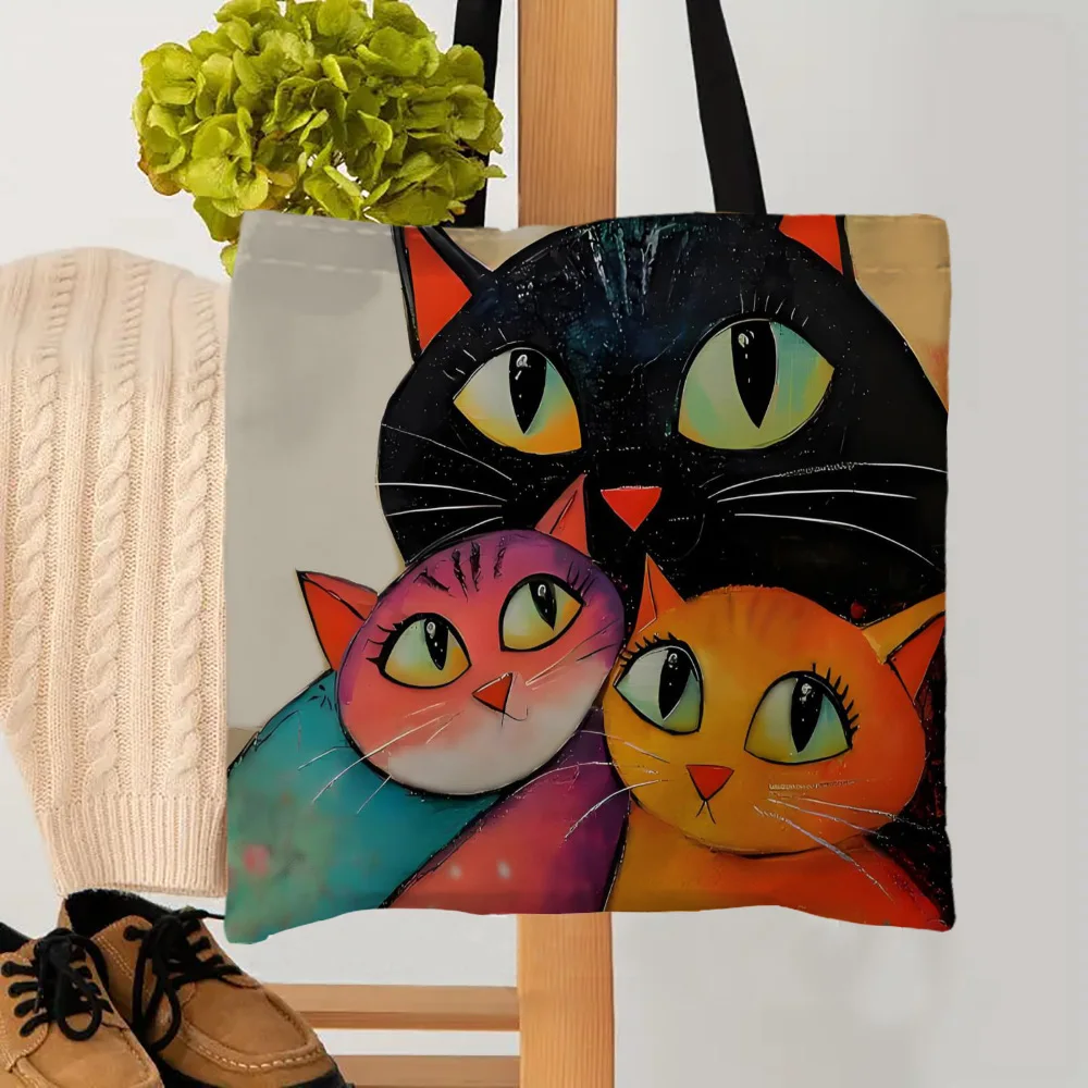1 Stück gestapelte Katzenhandtasche, wiederverwendbare modische Handtasche, multifunktionale Handtasche, bedruckte Einkaufstasche aus Segeltuch – Detail 5