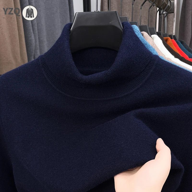 เสื้อสเวตเตอร์คอเต่าผู้ชายทรงเข้ารูป ผ้าถักคุณภาพสูง ป้องกันขนร่วง แขนยาว สีพื้น สำหรับฤดูใบไม้ร่วง สไตล์สตรีทแวร์