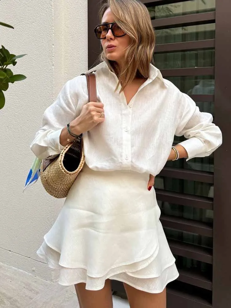 

MCDV Elegant Solid Vacation Dress 2 Piece Set Women's Casual Long Sleeve Button Shirts And High Waist Lace-Up Mini Skirt Outfits