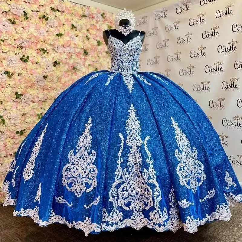 Sexy Spaghetti Strap Navy Blue Beaded Quinceanera Dresses Cathedral Train Princess Corset Appliques Lace Vestidos De 15 Años