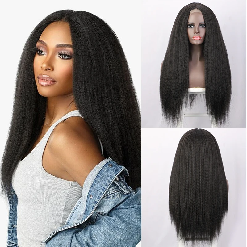 30Inch Middlepart Lange Yaki Pruik Synthetische Vezel Haar Vrouwelijke Afrikaanse Natuurlijke Kinky Rechte Pruiken Voor Zwarte Vrouwen Dagelijks Gebruikt Pruiken