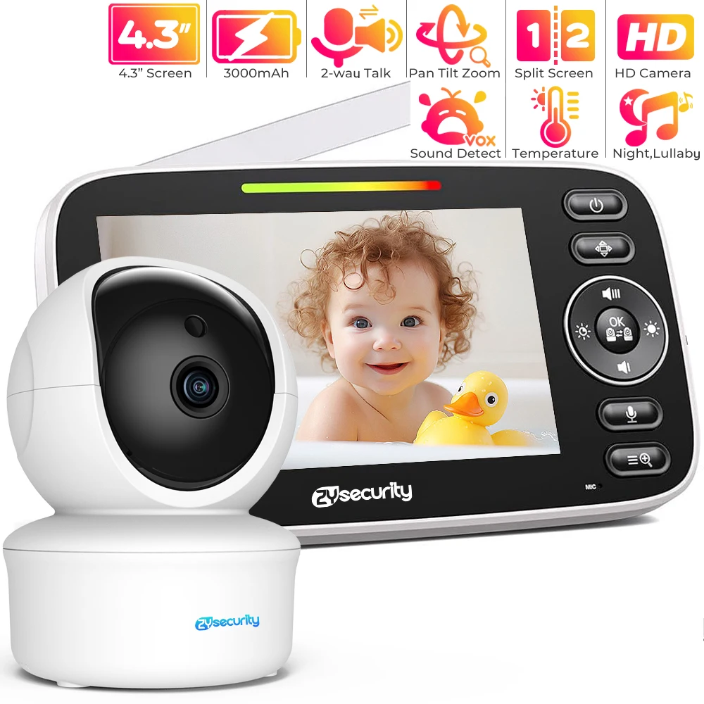 Video Baby Monitor 4.3 Inch HD Baby Phone with Camera Split Screen, No WiFi, IR Night Vision Long Battery Life, 2-Way Audio VOX