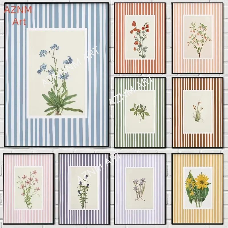 Blue Lily of The Valley Plant Striped Canvas Print Sunflower Pomegranate Garden Wall Art Poster Modern Living Room Home Decor