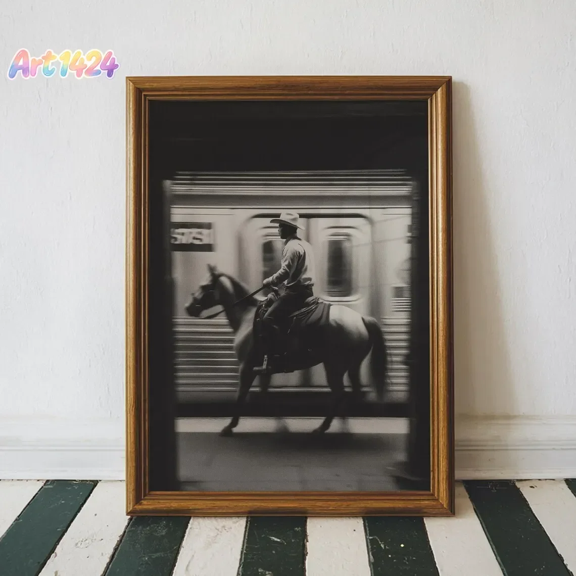 Vintage NYC Cowboy Subway Wall Art Print Black and White Western New York City Poster Sports Art Printable Picture Home Decor