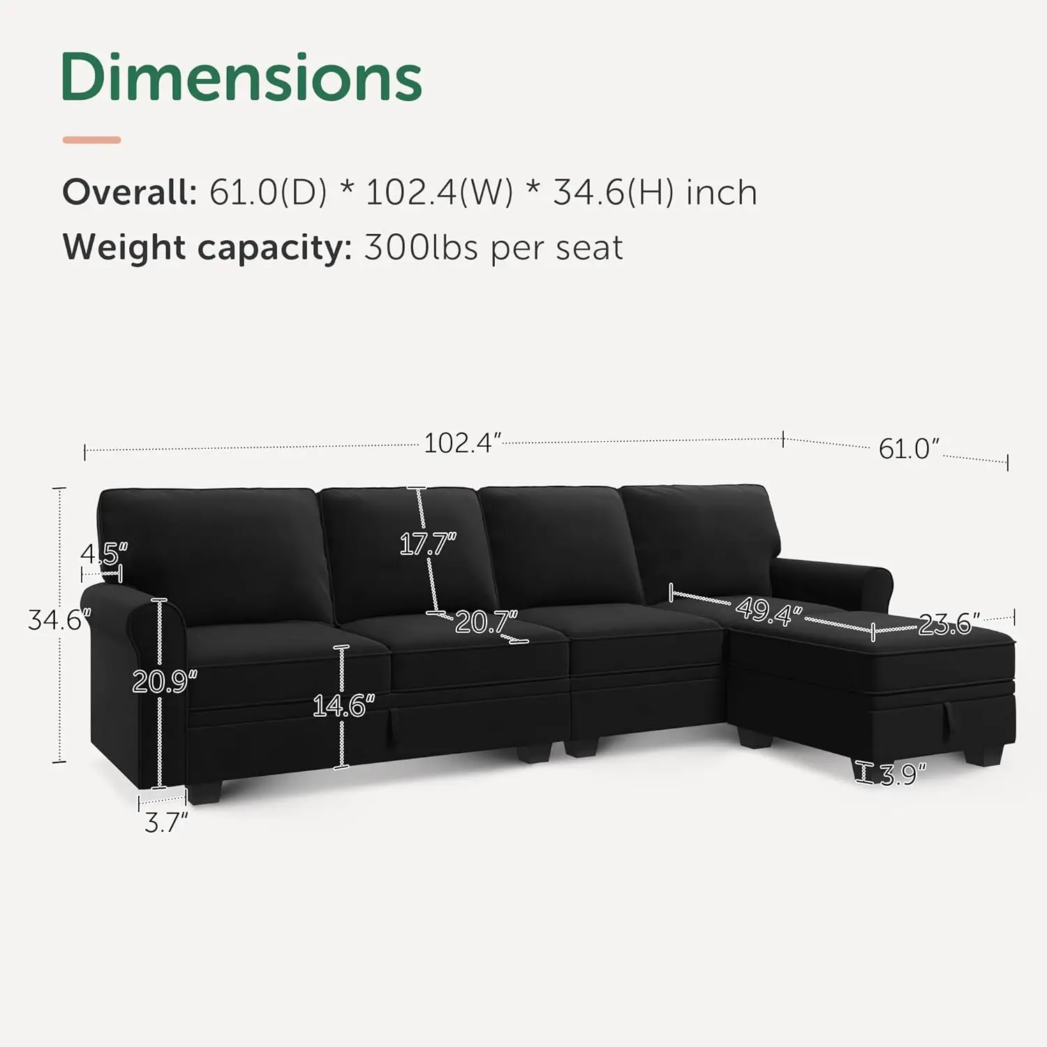 Velvet storage seat with L-shaped reversible lounge chair, living room small sofa, black