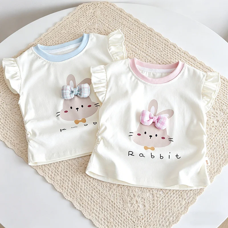 

Summer 2026 New Cute Cartoon Stylish Little Flying Sleeve Cotton Breathable T-shirt Top for Girls