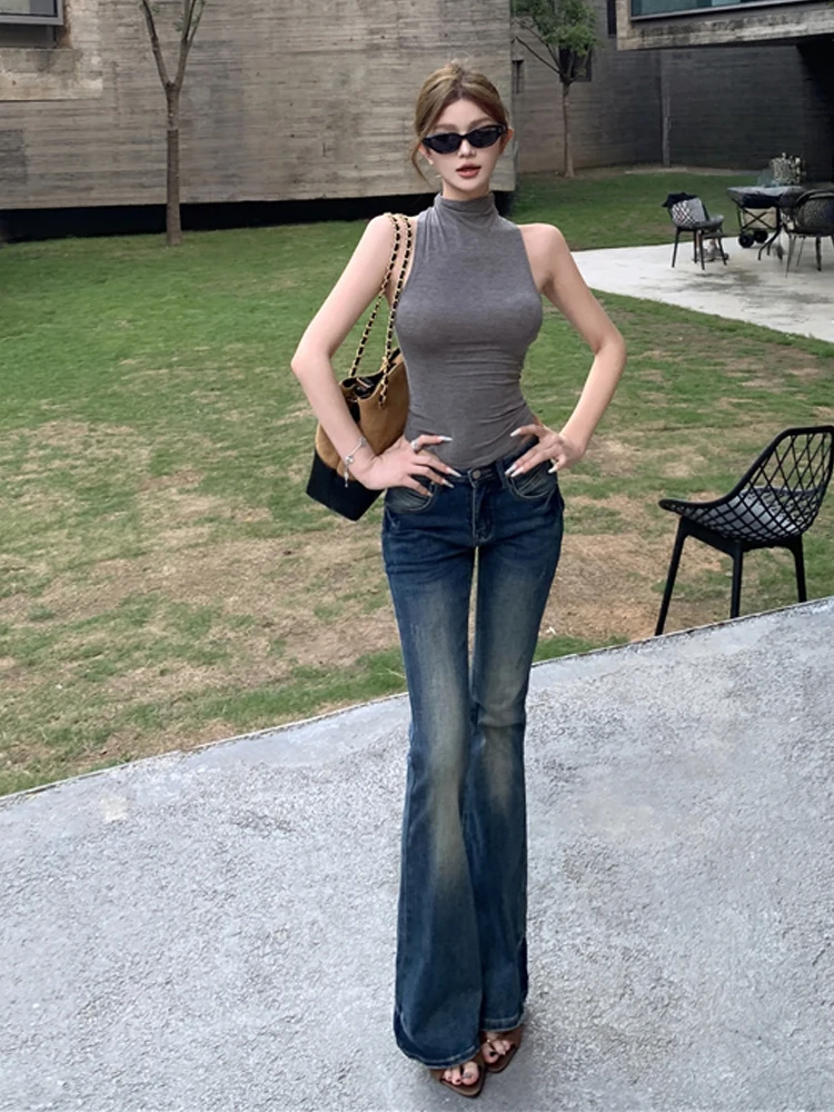 

High Quality Slim Fit Vest Top And Low Waist Jeans Set Sexy Style Sleeveless High Collar Trendy plus Size Casual Wear for Women