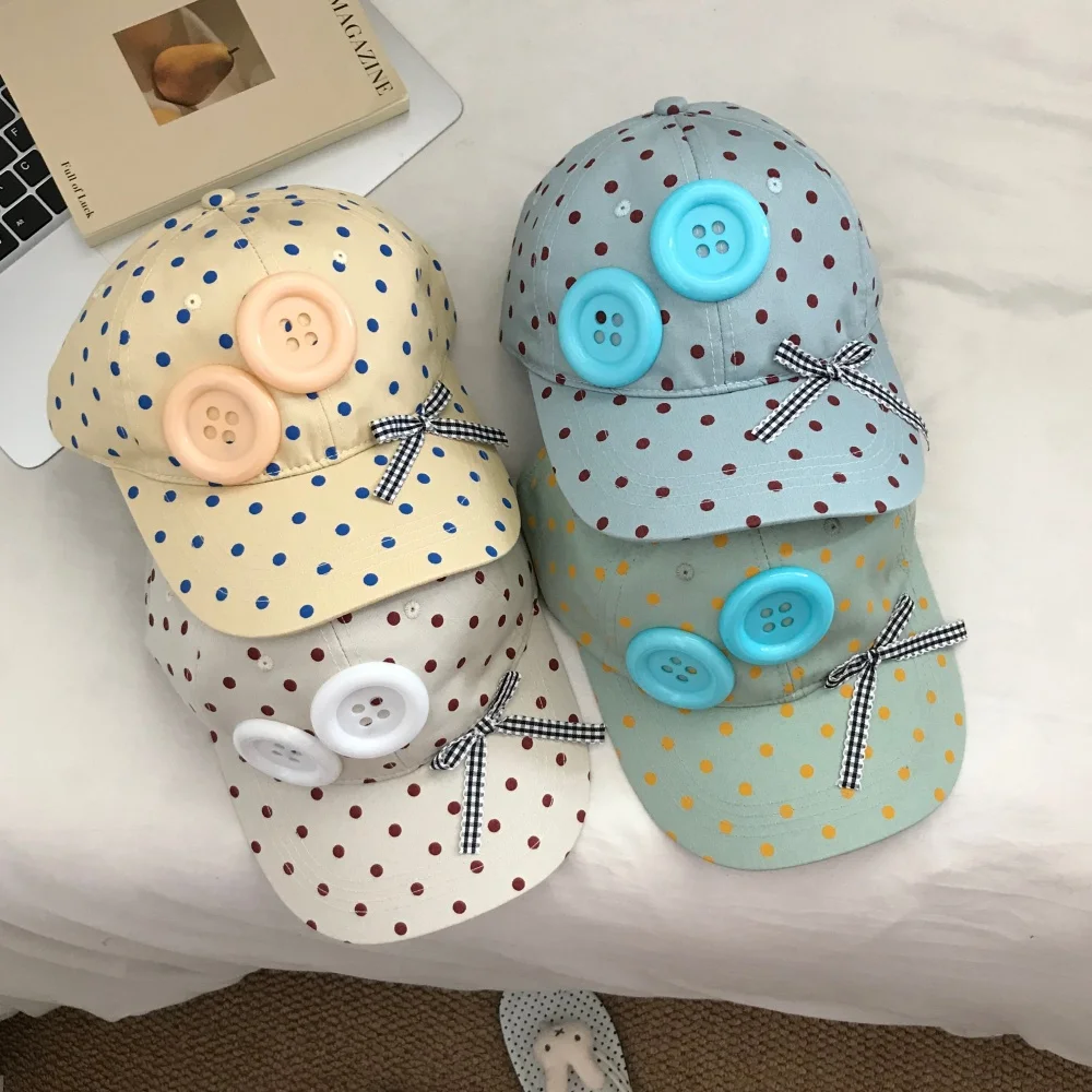 Y2K Subcultural Cream Style Large Button Polka Dot Baseball Cap Cute Eye-Catching Polka Dot Bow Decoration Duckbill Cap
