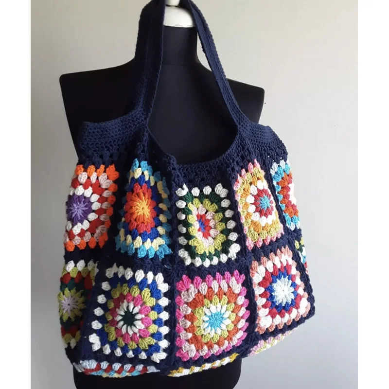 Navy/White Granny Square Crochet Woven Shoulder Bag Colorful Flower Checked Cute Purse Boho Hippie Handbag For Women