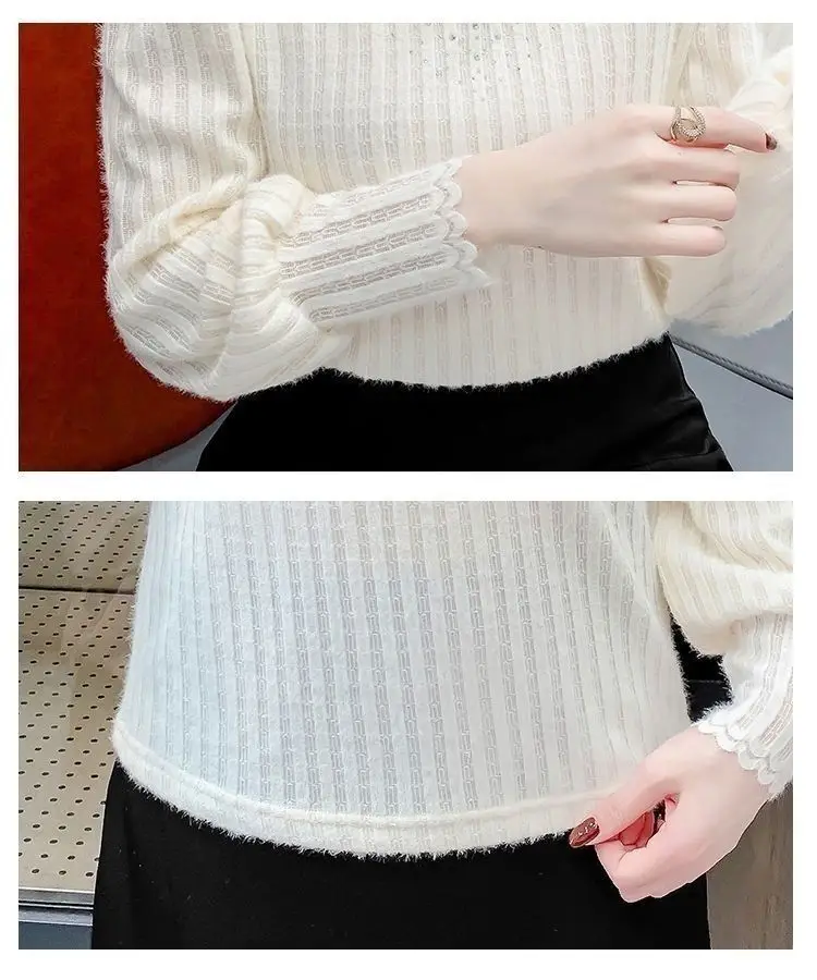 Half Turtleneck Brushed Lace Bottoming Shirt Women\'s Fashion Retro Top Autumn and Winter New Style Foreign Style Noble Pullover