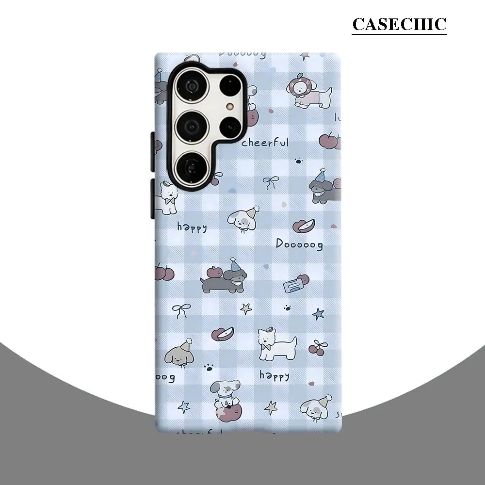 Cute Puppy Checkerboard Phone Case for Samsung Galaxy S26 S25 Ultra S24 S23 Ultra Plus Shockproof Double layer tough Back Cover