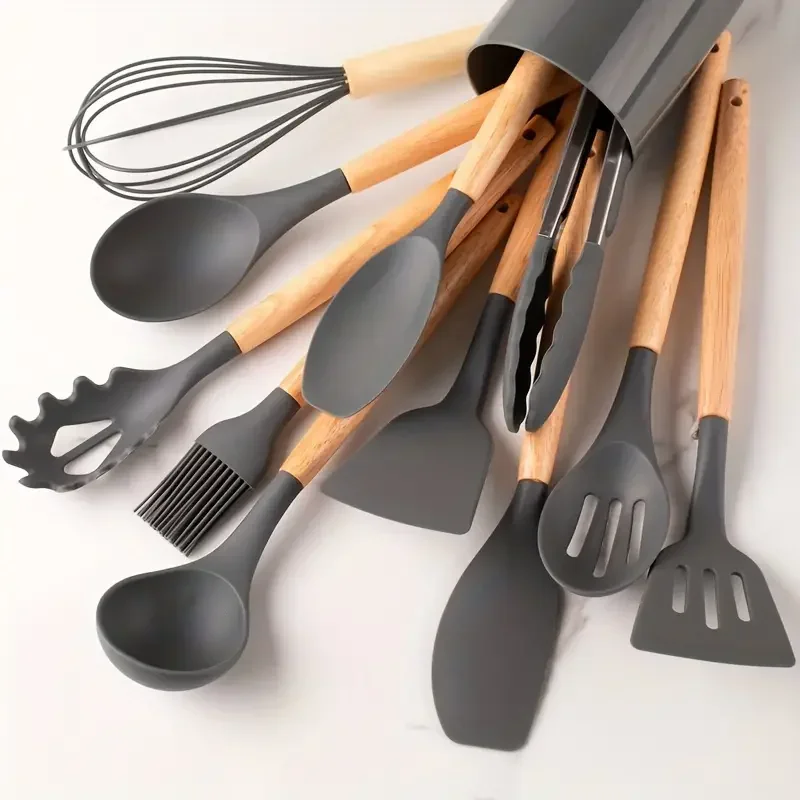 12-delige set van meerkleurige siliconen houten handvat keukengerei set antiaanbaklaag pot spatel en lepel kookgerei, hittebestendig