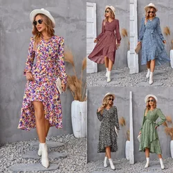 Women Printing Dress V-neck Petal Long Sleeve Skirt Casual Street Style Skirt Waist Irregular High Slit Dress Women Dress