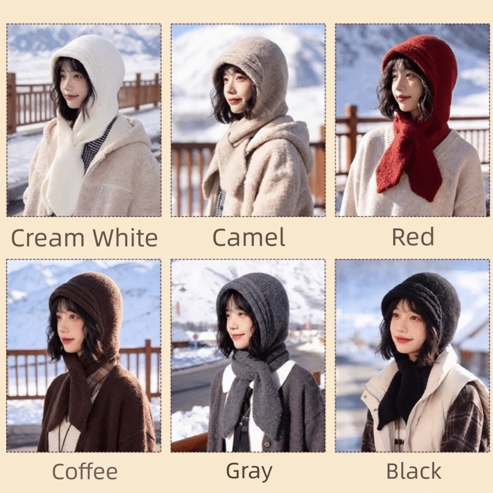 Simple Wool Knitted Balaclava Hat Beanie Warm Hat and Scarf 2-in-1 Soft Thickened Earflap Hat Winter/Autumn 5