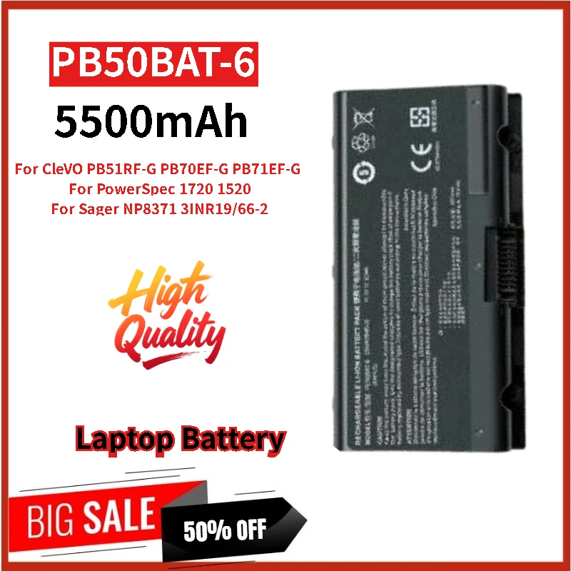

100% новый аккумулятор для ноутбука PB50BAT-6 11,1 В 62 Втч 5500 мАч для Clevo PB51RF-G PB70EF-G PowerSpec 1720 1520 Sager NP8371 3INR19/66-2