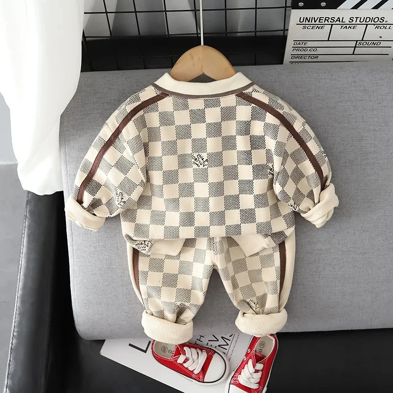 Baby Boy Designer Clothes Spring Autumn Plaid Turn-down Collar T-shirts Tops and Pants Boys Tracksuits Christmas Outfit for Kids