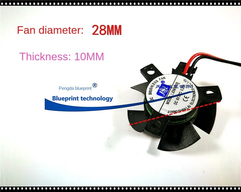 Duplo Ball Bearing Frameless Isosceles Ventilador, 6V 3010 Placa gráfica, 28x10mm, 19mm Espaçamento Buraco, Novo