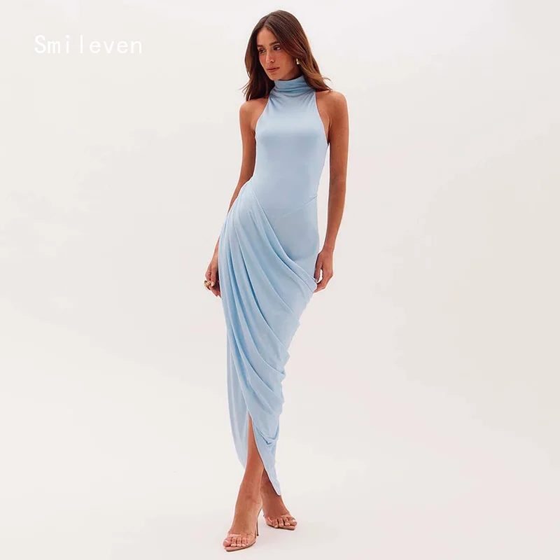 

Smileven Элегантное небесно-голубое платье русалки для выпускного вечера с высоким воротом, вечерние платья, плиссированное платье для особых случаев по индивидуальному заказу 2026