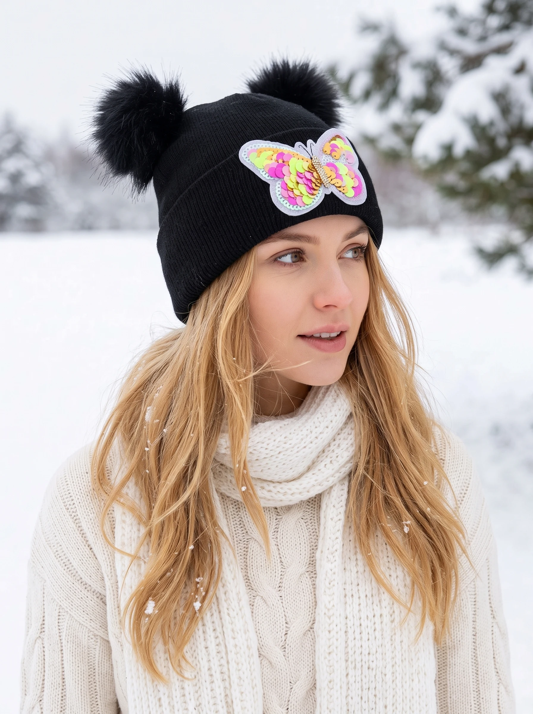 1Pcs Women Double Pom Pom Knit Beanie, Cute Hat With Sequin Embroidered Butterfly, Fashion Soft Knitted Hat