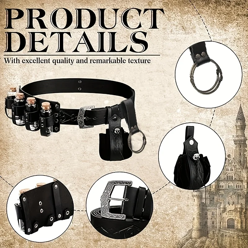 مجموعة حزام من الجلد الاصطناعي الفايكنج من القرون الوسطى مكونة من 5 قطع مع زجاجة جرعة، محفظة عملات معدنية عصرية محمولة على الطراز الاسكندنافي، ملحقات حقيبة خصر لتسلق الجبال، مناسبة لعيد الشكر وعيد الميلاد وعطلات الهالوين