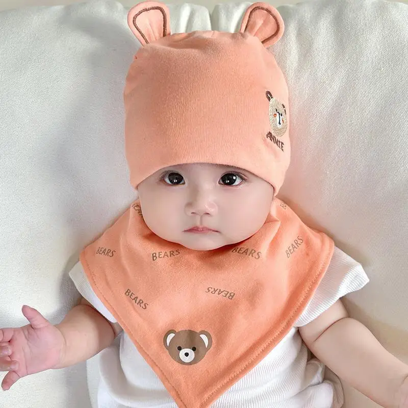 2pcs/set Eslatic headscarf double layer cotton baby caps&hats with baby bibs set for newborn infant Candy Color