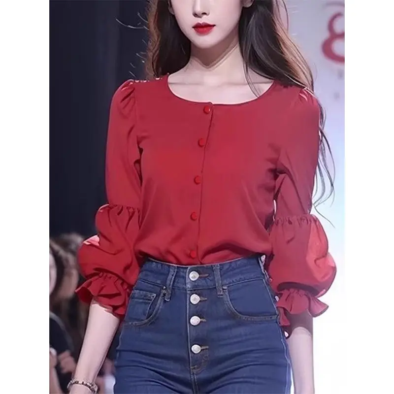 Korea Stylish Summer Solid Shirt Elegant Women Work Blouse  O Neck Sleeve Tops Casual Buttons Down