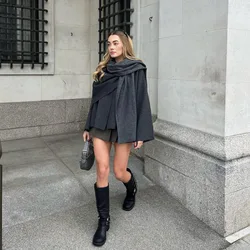 Elegant Lady Cape Solid Long Sleeve Coats Fashion Irregular With Scarf Warm Women Jacket 2024 Autumn Winter New Commuting Coat