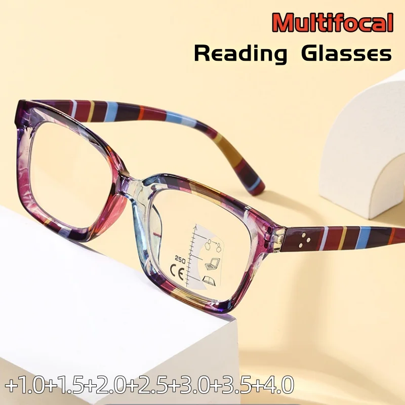 

Luxury Multifocal Anti-blue Light Reading Glasses High Definition Elegant Trend Color Splicing Square Framed Eyewear +1.0To +4.0