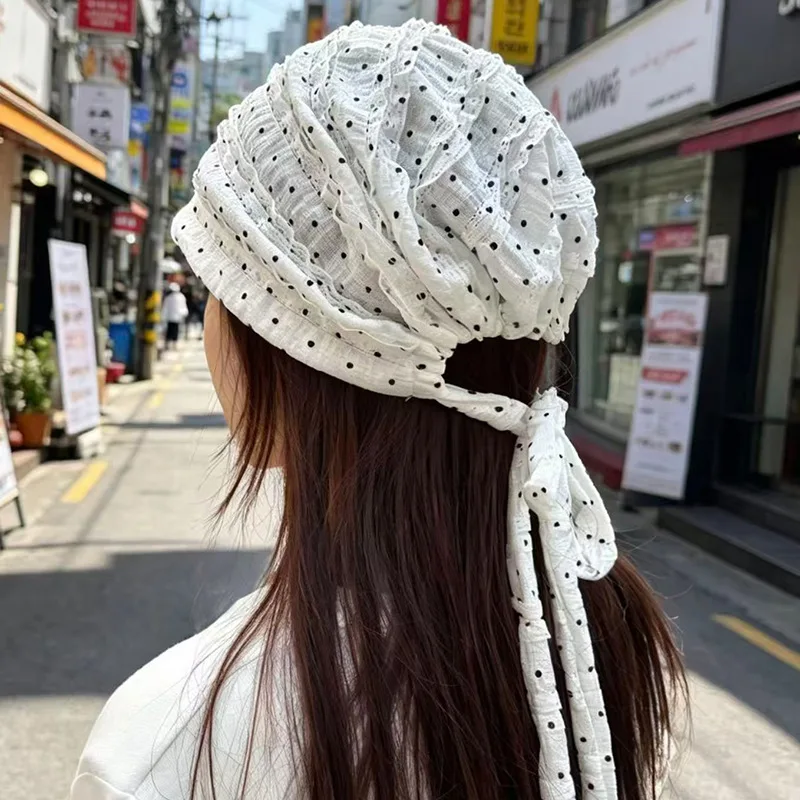 Women Korean INS Polka Dot Head Wrap Bucket Hat Lazy Summer Breathable Lace Trim Slouchy Beanie Face Flattering Beanie Cap