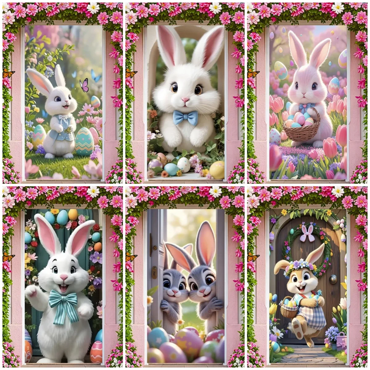 

Happy Easter Cute Bunny Party Decoration Door Cover Background Fantasy Spring Wreath Flower Eggs Gift Backdrop Photography Props