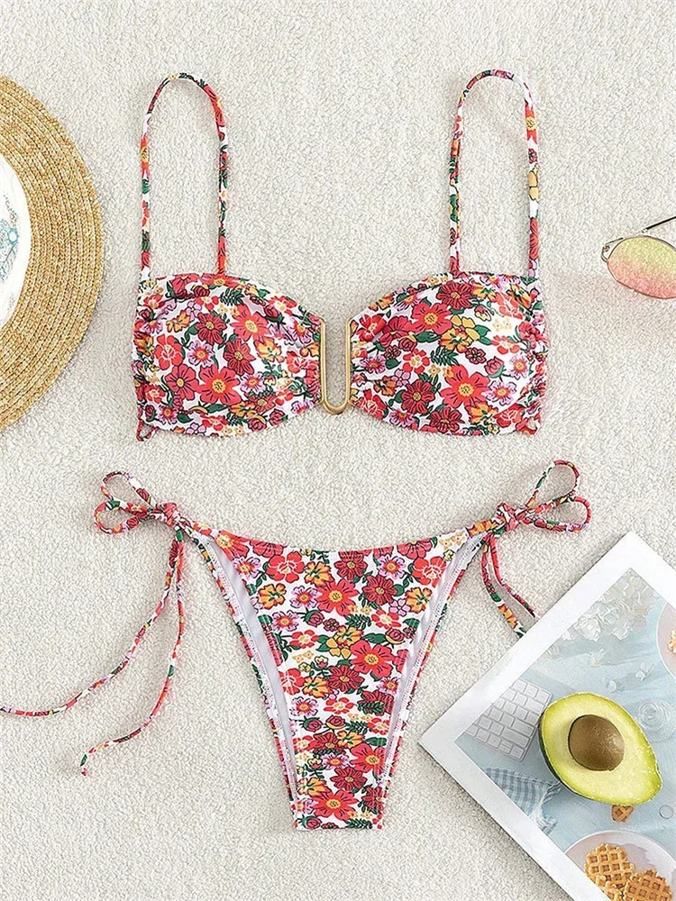 Sexy U Wire Bikini Set Women Red Floral Print Push Up Micro Swimsuit 2024 Brazilian Cut Out Bathing Suit Tie Side Thong Swimwear