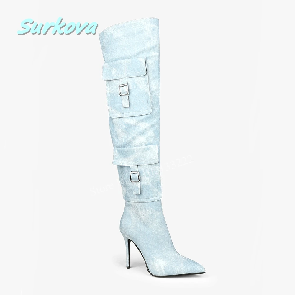 

Blue Denim Pocket Over The Knee Boots News Pointed Toe Thin High Heel Side Zipper Solid Hottest Sexy Leather Women Winter