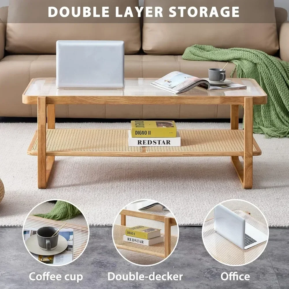 Rattan Coffee Table with Tempered Glass Top,Wood Coffee Table ,Glass Top Coffee Table with Imitation Rattan Storage Shelf