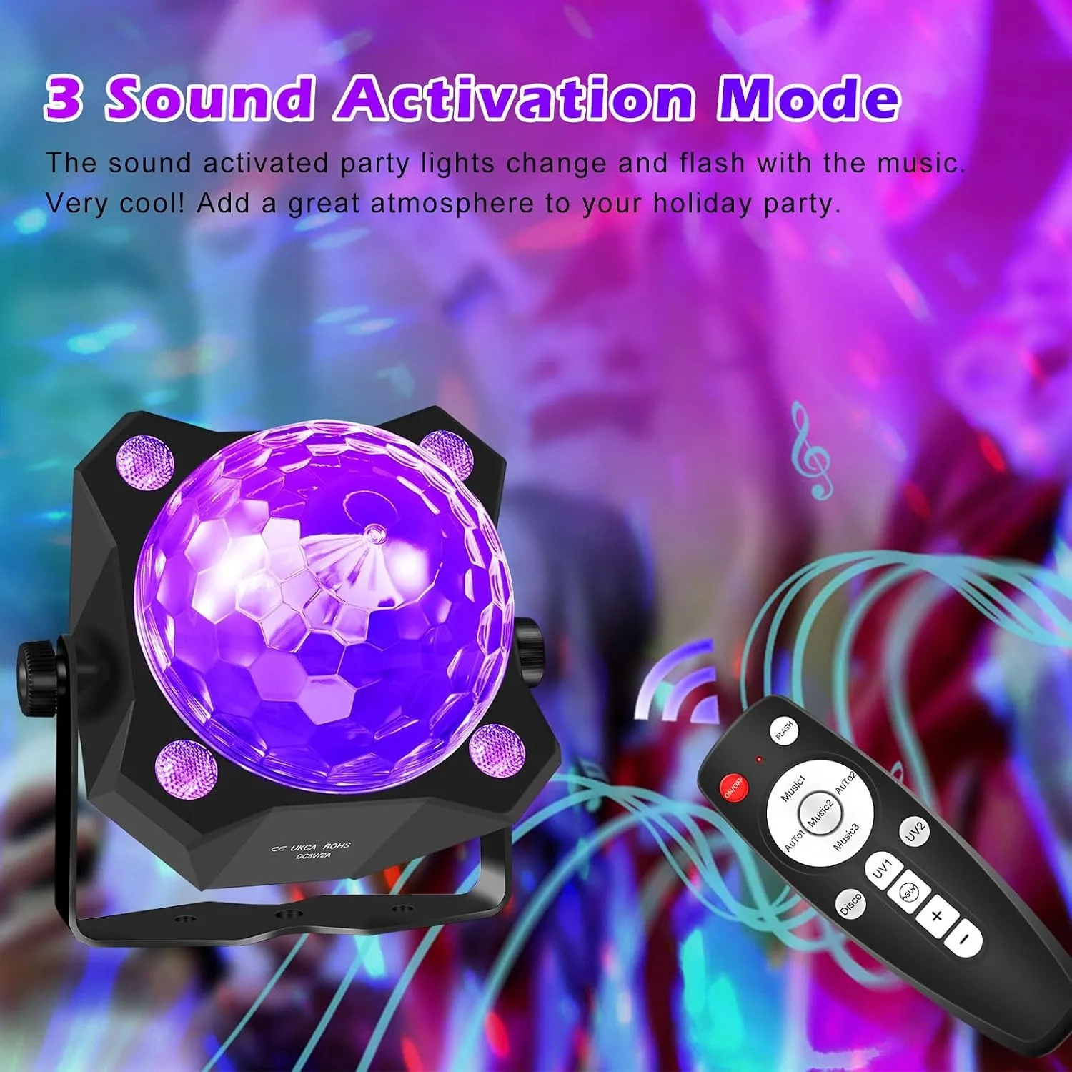 2-in-1 Dazzling Party Black Light Disco Ball Light, with Sound-Activated Strobe Function, Dj Party Light, Black Light Lamp, Suitable for Halloween, Christmas, Birthday Decorations, and Classroom, Room, and Home Party Decorations