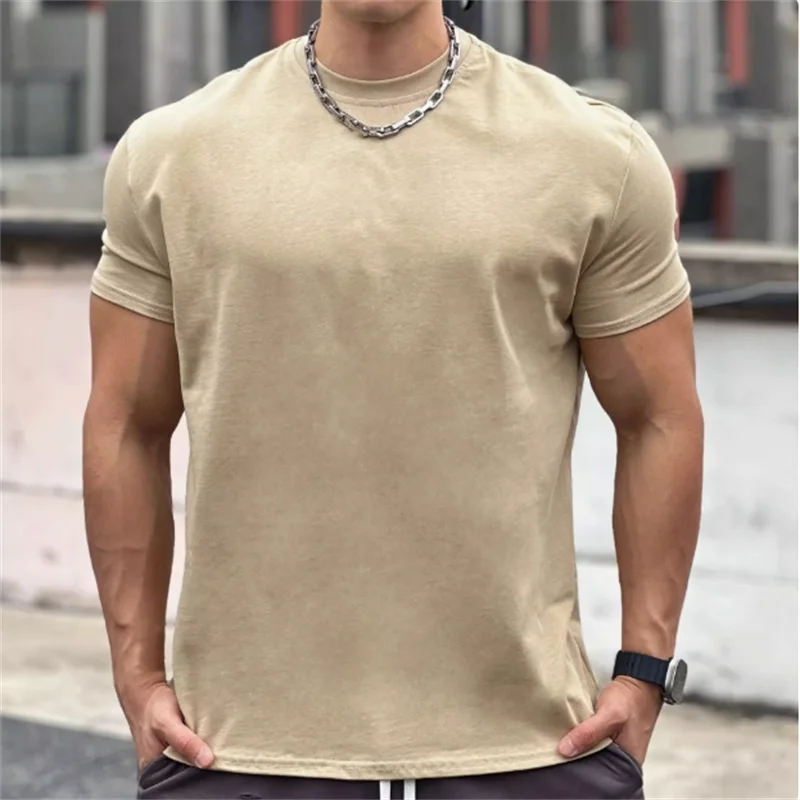 Męska koszulka na siłownię Odzież treningowa 100% bawełna Elastyczna, oddychająca koszulka w jednolitym kolorze Casual Big Muscle Short Sleeve