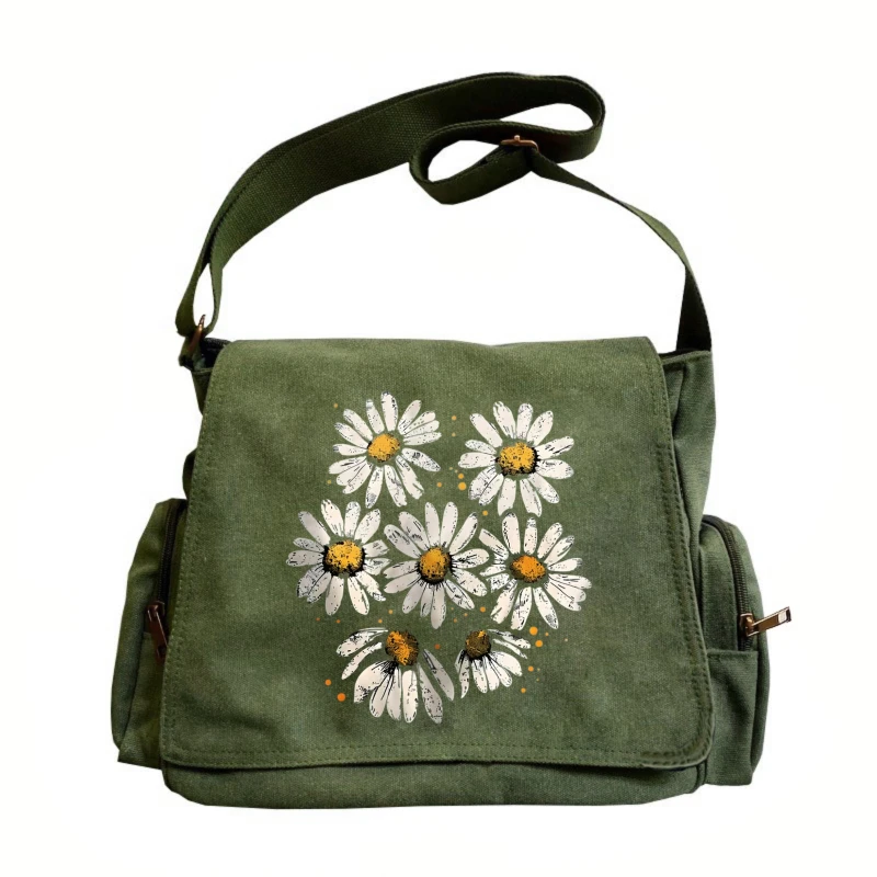 

Vintage Women's Shoulder Bag Canvas Daisy Print Large Capacity Diaper Bag for Daily Use Crossbody Bag