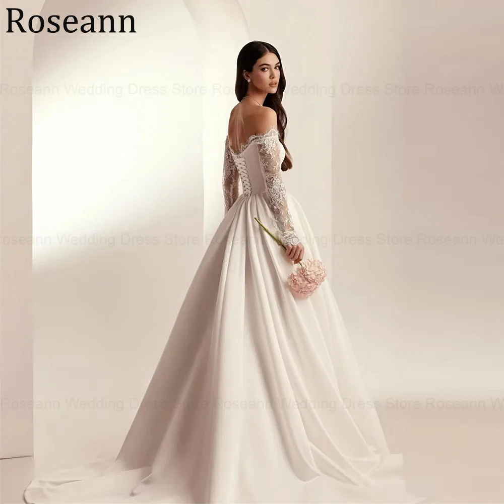 Customized Wedding Dresses 2026 Off-Shoulder A-Line Satin Long Sleeves vestidos de novia Sweep Train Lace-up Party Evening Gowns