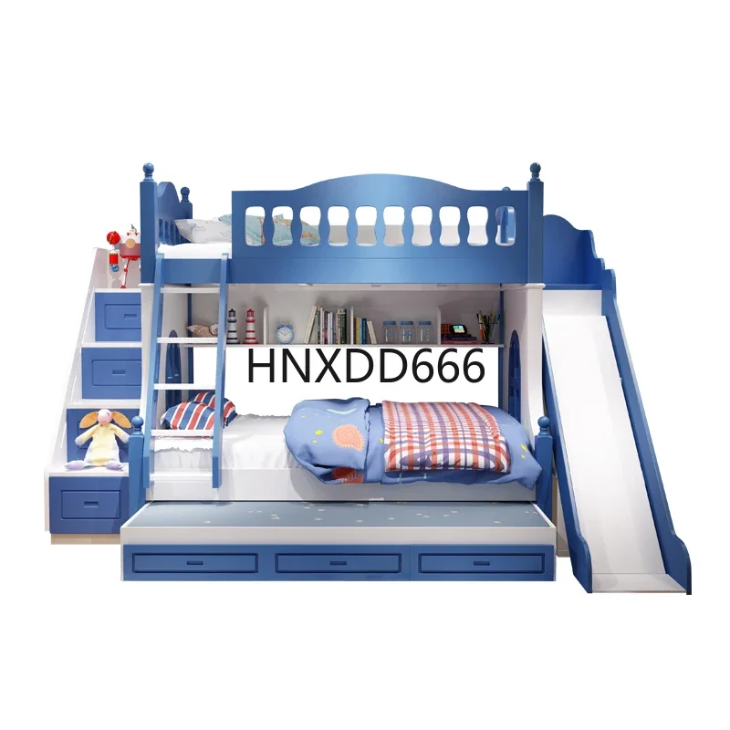 High and low slide bed Two-layer children's solid wood staggered upper and lower beds Bunk beds
