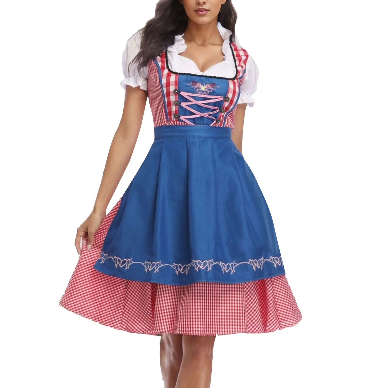 2024 Women Oktoberfest Plaid Dress Lace-Up Stage Costume Dirndl Dresses German Traditional Bavarian Beer Costumes Party Clothes