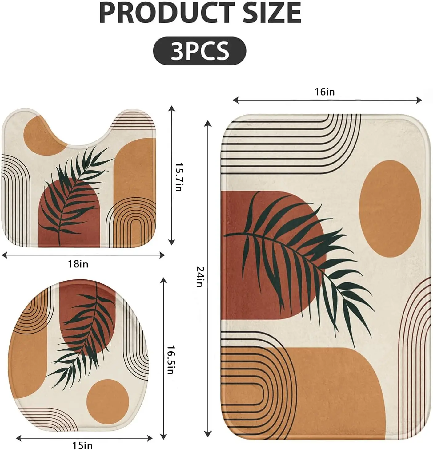 Bohemian Middle Style Bathroom Mat Set Brown Beige Abstract Blade, Three-Piece Set Non-Slip Washable Mat, Toilet Cover and