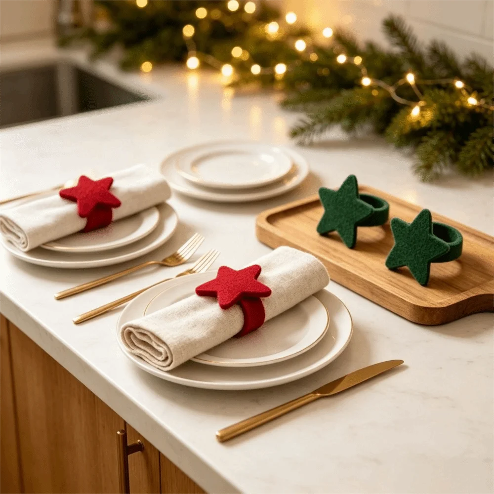 Felt Christmas Five-Pointed Star Napkin Ring Decorative Solid Color Christmas Tree Napkin Holder Reusable Napkin Buckle