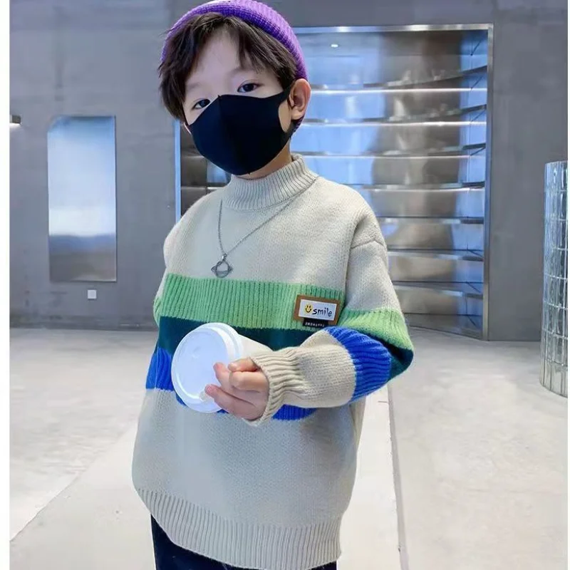 2023 New Kids Clothes Boys Knitted Autumn Winter Long Sleeve Crew Neck Casual Korean Striped Contrast Color Sweaters Jumpers