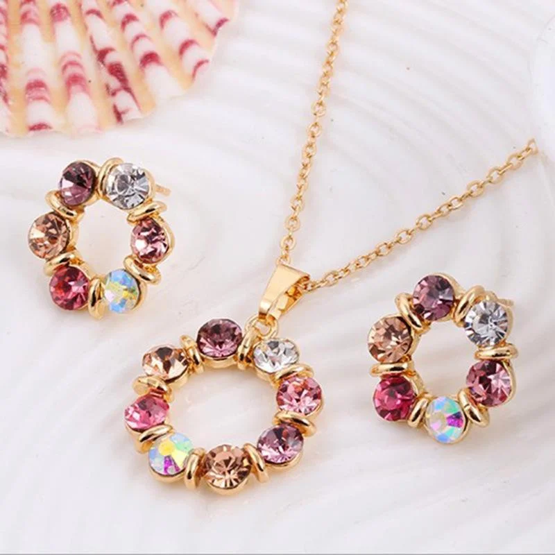 Luxury Designer Colorful Crystal Rhinestone Necklace Earrings Set for Women Round Color Stone Statement Jewelry Gift Set mujer