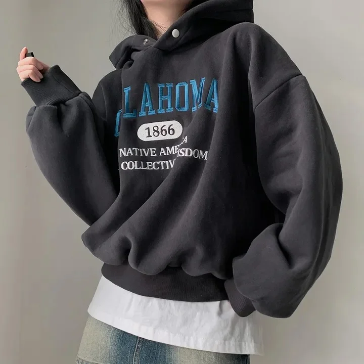Autumn Winter Thickened Fleece Lined Embroidered Hoodie Women's Loose Fit Sweatshirt Polyester Fiber 100% Casual Top