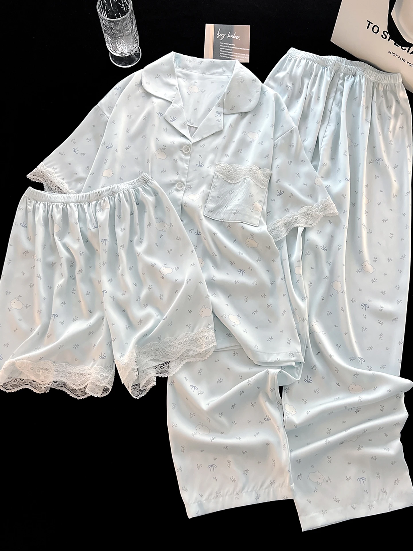 summer-ice-silk-short-sleeve-long-pants-three-piece-set-plus-size-cool-feeling-outdoor-wearable-floral-rabbit-home-clothes
