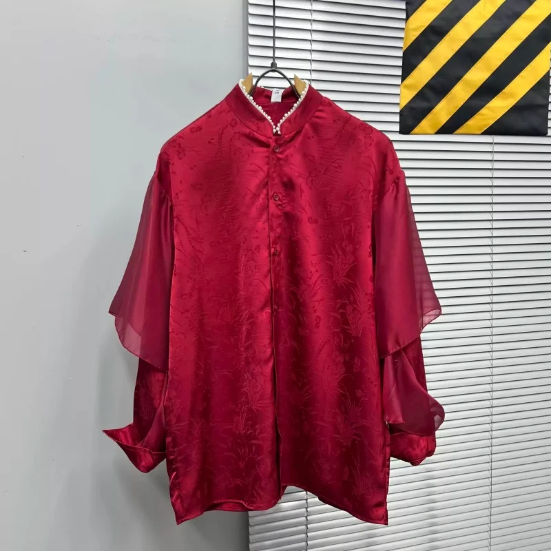 

Niche Design Original Fake Two Pieces Pearl Stand Collar Bat Sleeve Red Shirt Unisex Loose French Style Lantern Sleeve Shirt