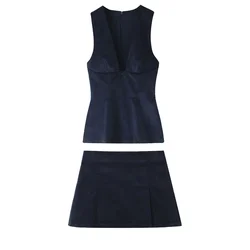 Zach Ailsa Autumn New Women's Fashion V-neck Sleeveless Simple Casual Tank Top High Waist Solid Color A-line Skirt Set